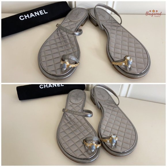 Authentic CHANEL Silver Leather Enamel Embellished Toe Ring Flat Sandals 37C - Picture 11 of 13